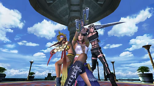 Yuna, Rikku and Paine posing in Luca in Final Fantasy X-2